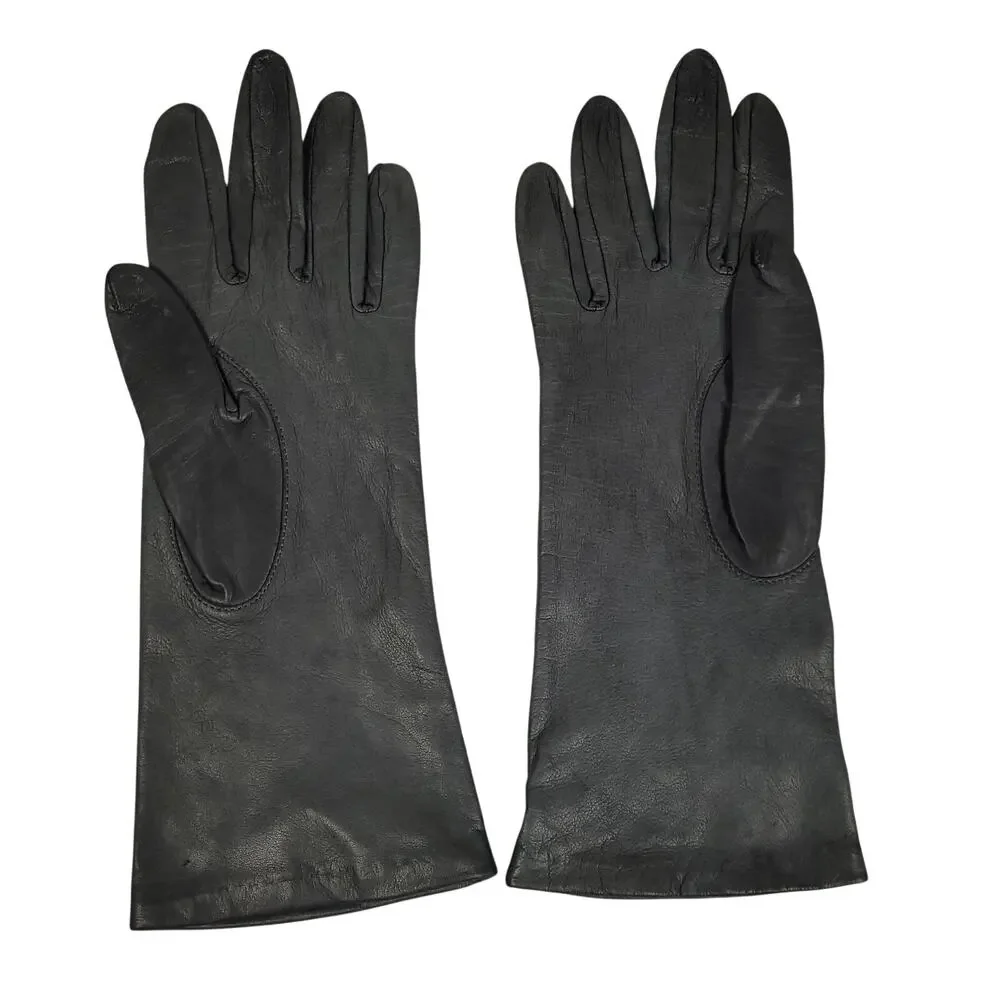 Vintage Aris Womens Classic Gray Leather Gloves Sz 7 100% Antron Nylon Lined